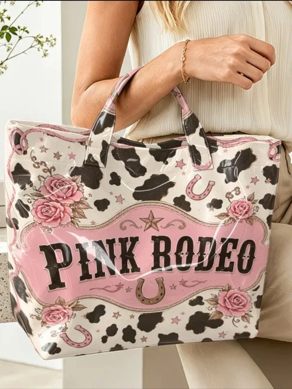 Women Westwrn Pink Cow Print Large PVC Daily Commute Bag